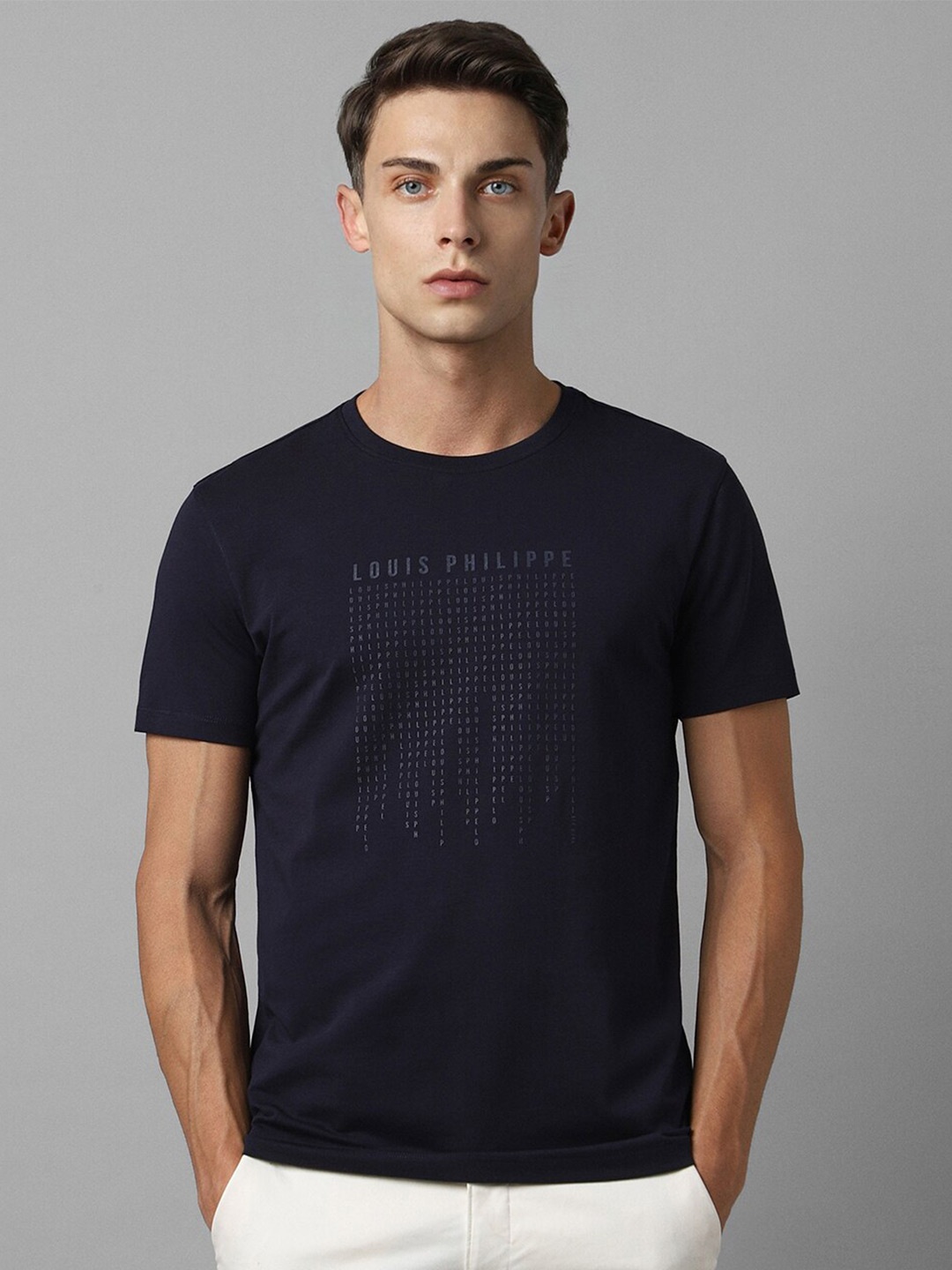 

Louis Philippe Sport Typography Printed Round Neck Slim Fit T-shirt, Navy blue