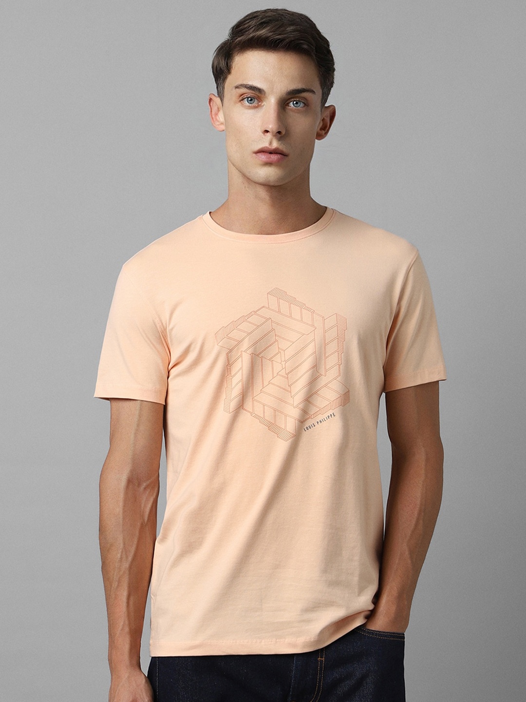 

Louis Philippe Sport Graphic Printed Round Neck Slim Fit T-shirt, Peach