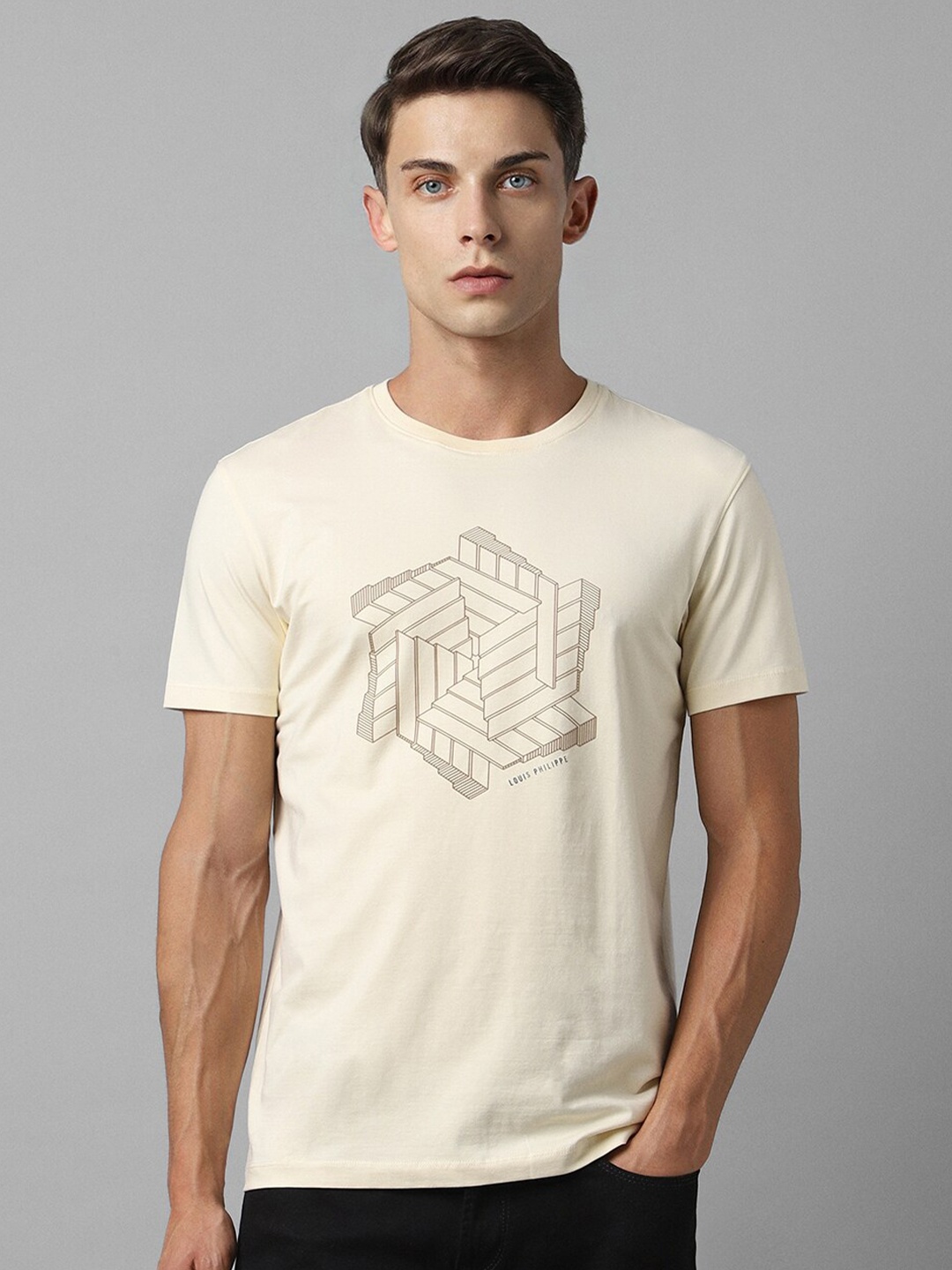 Louis Philippe Sport Graphic Printed Round Neck Slim Fit T-shirt, Beige