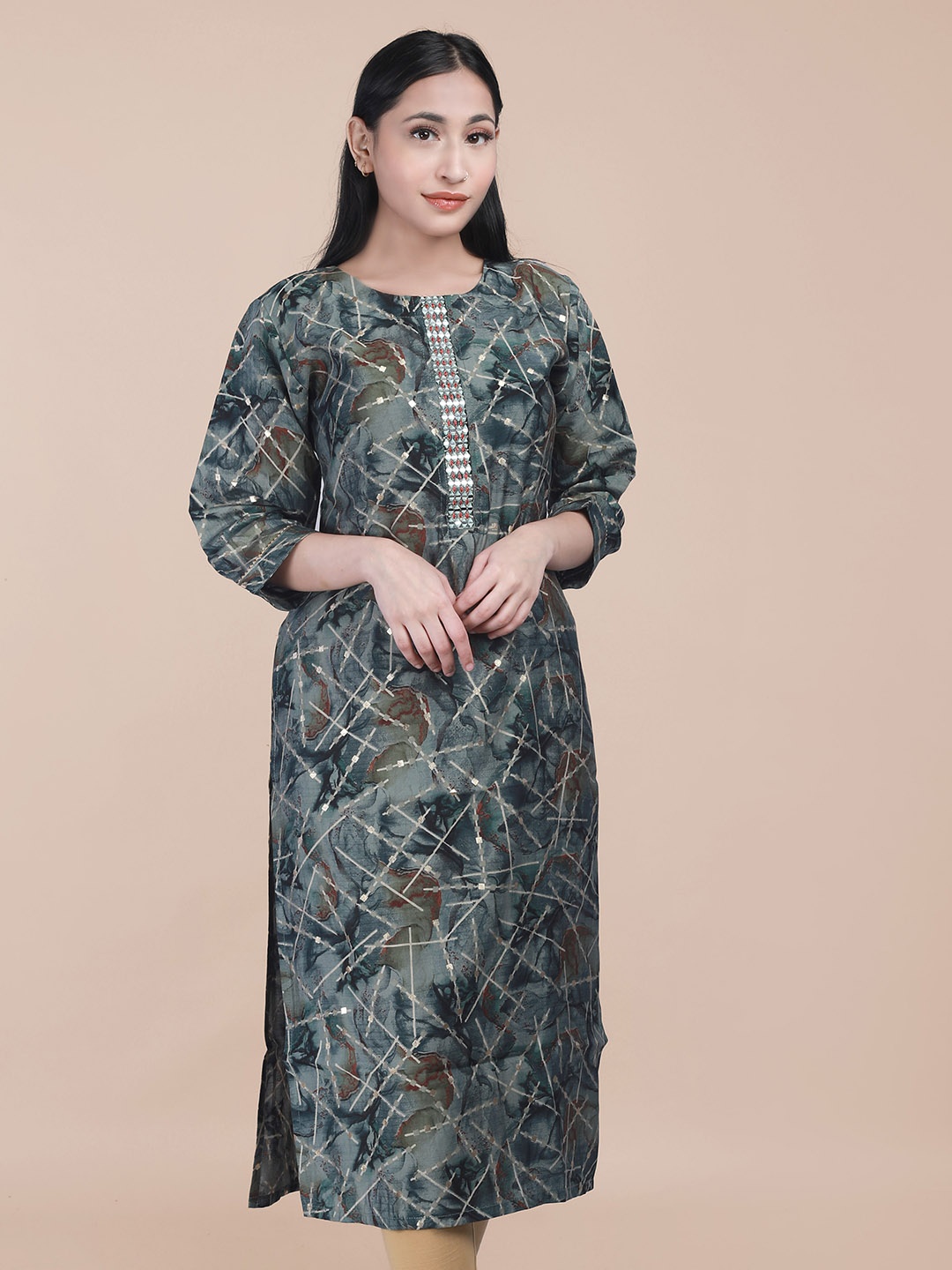 

MAAHI FABS Abstract Printed Mirror Work Kurta, Blue