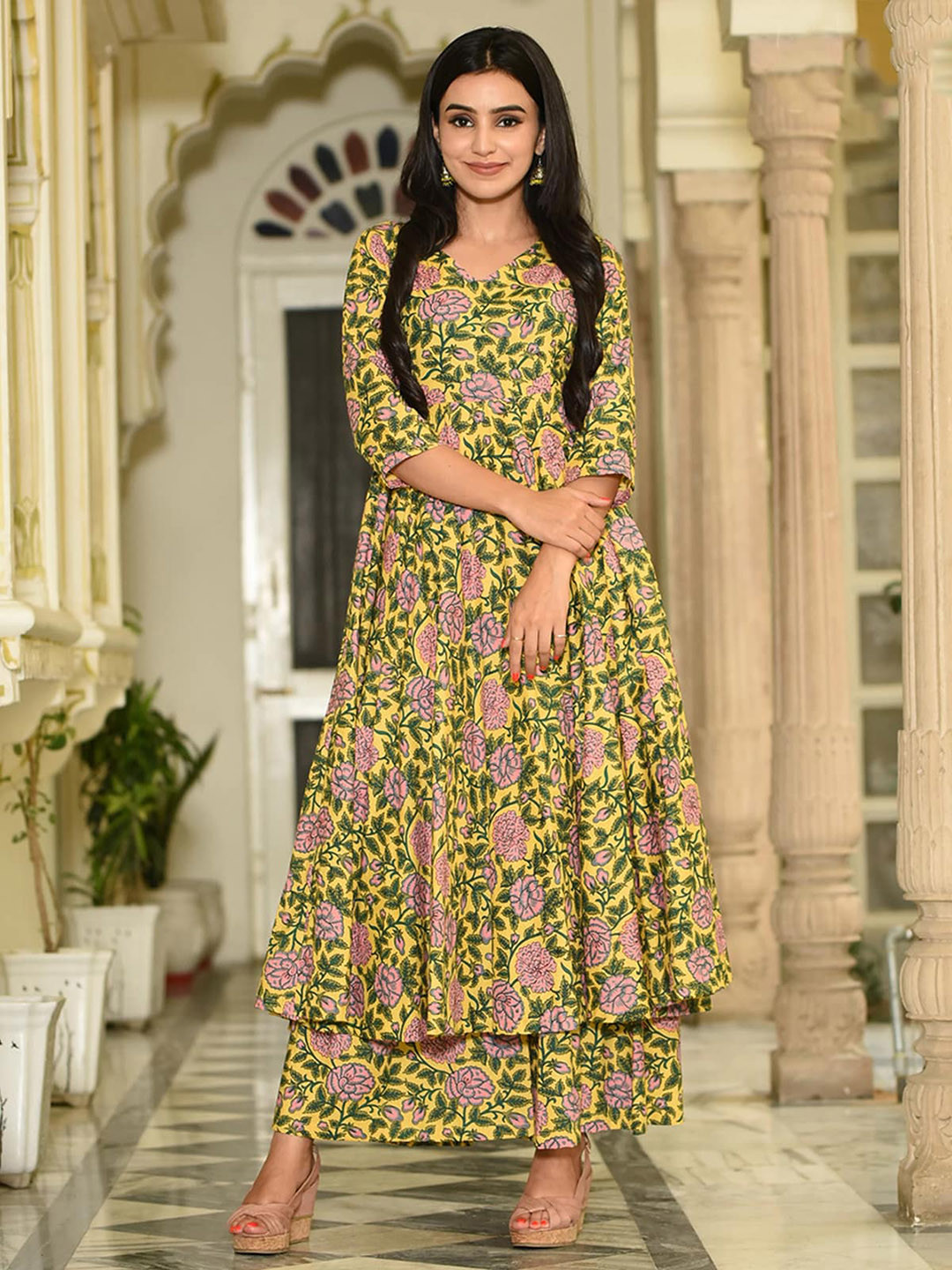 

ODETTE Floral Printed Anarkali Kurta with Palazzos, Yellow