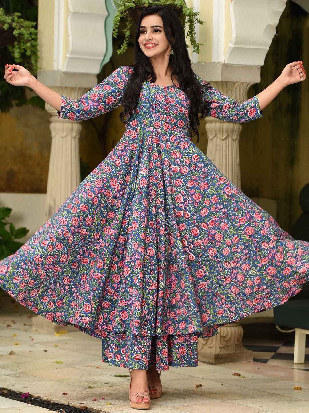 

ODETTE Floral Printed Anarkali Kurta with Palazzos, Blue