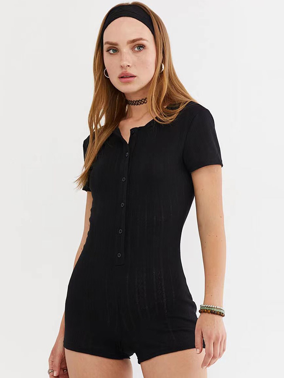 

LULU & SKY Round Neck Playsuit, Black