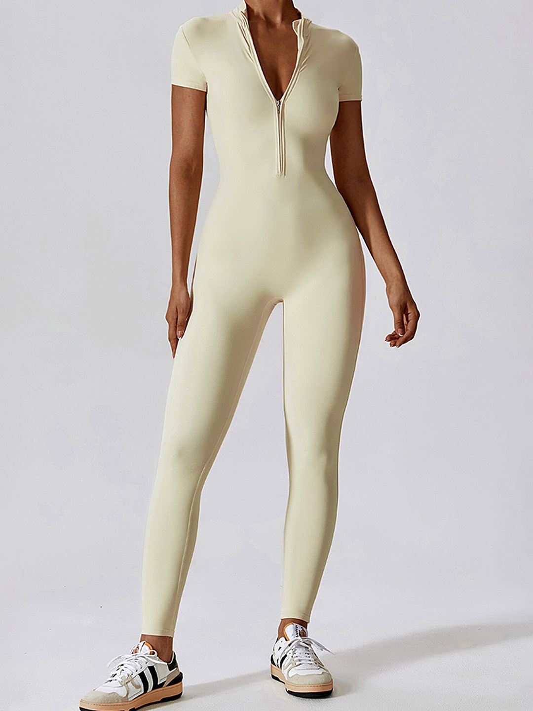 

LULU & SKY Mock Neck Half-Zipper Sports Basic Jumpsuit, Beige