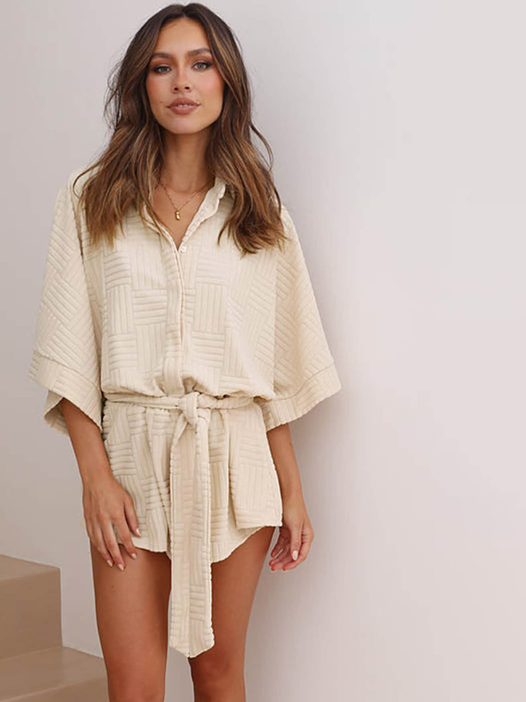 

LULU & SKY Shirt Collar Waist Tie-Up Waist Detailed Playsuit, Beige