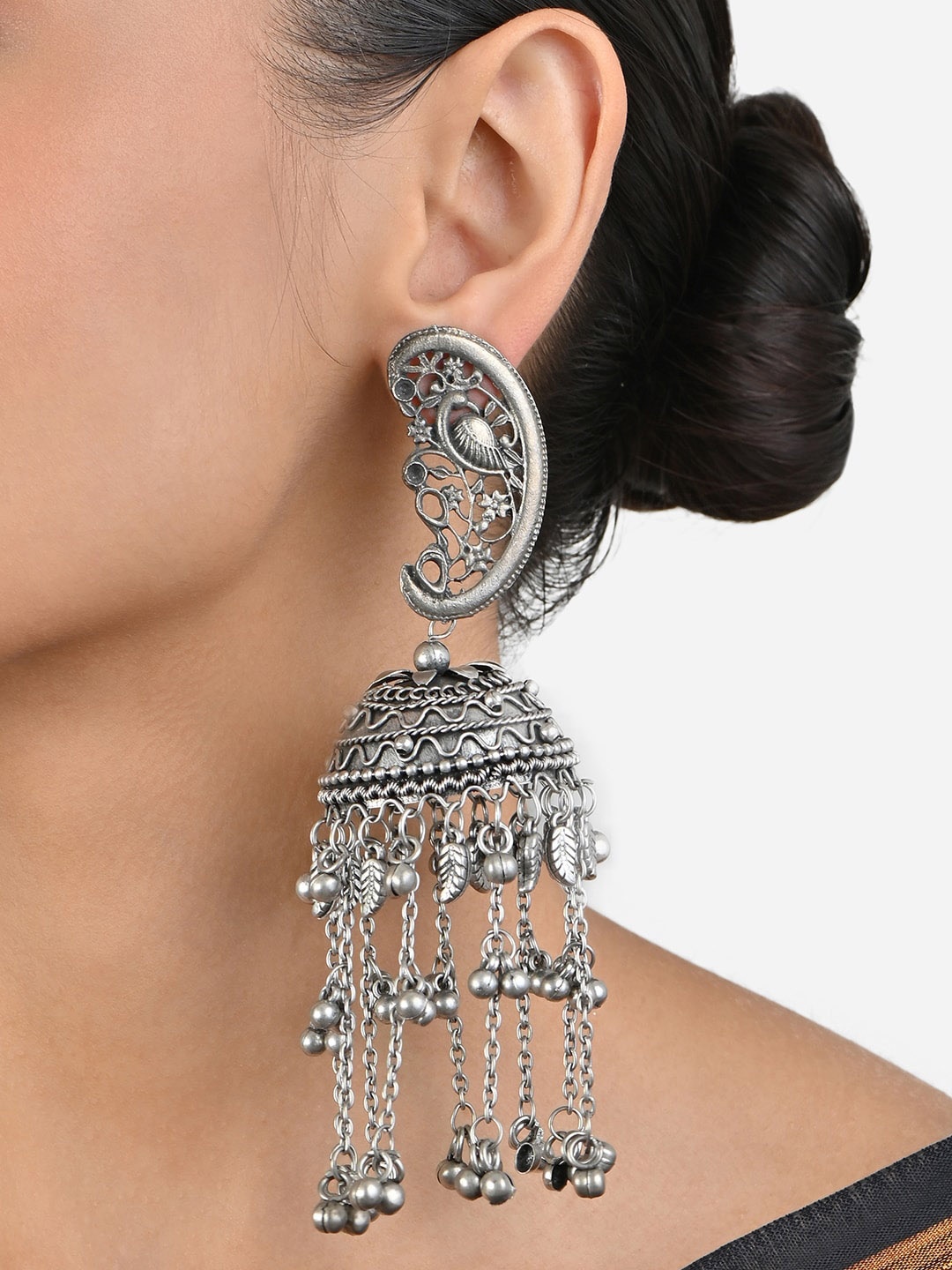 

Fida Silver Plated Oxidised Artificial Beads Beaded Dome Shaped Jhumkas
