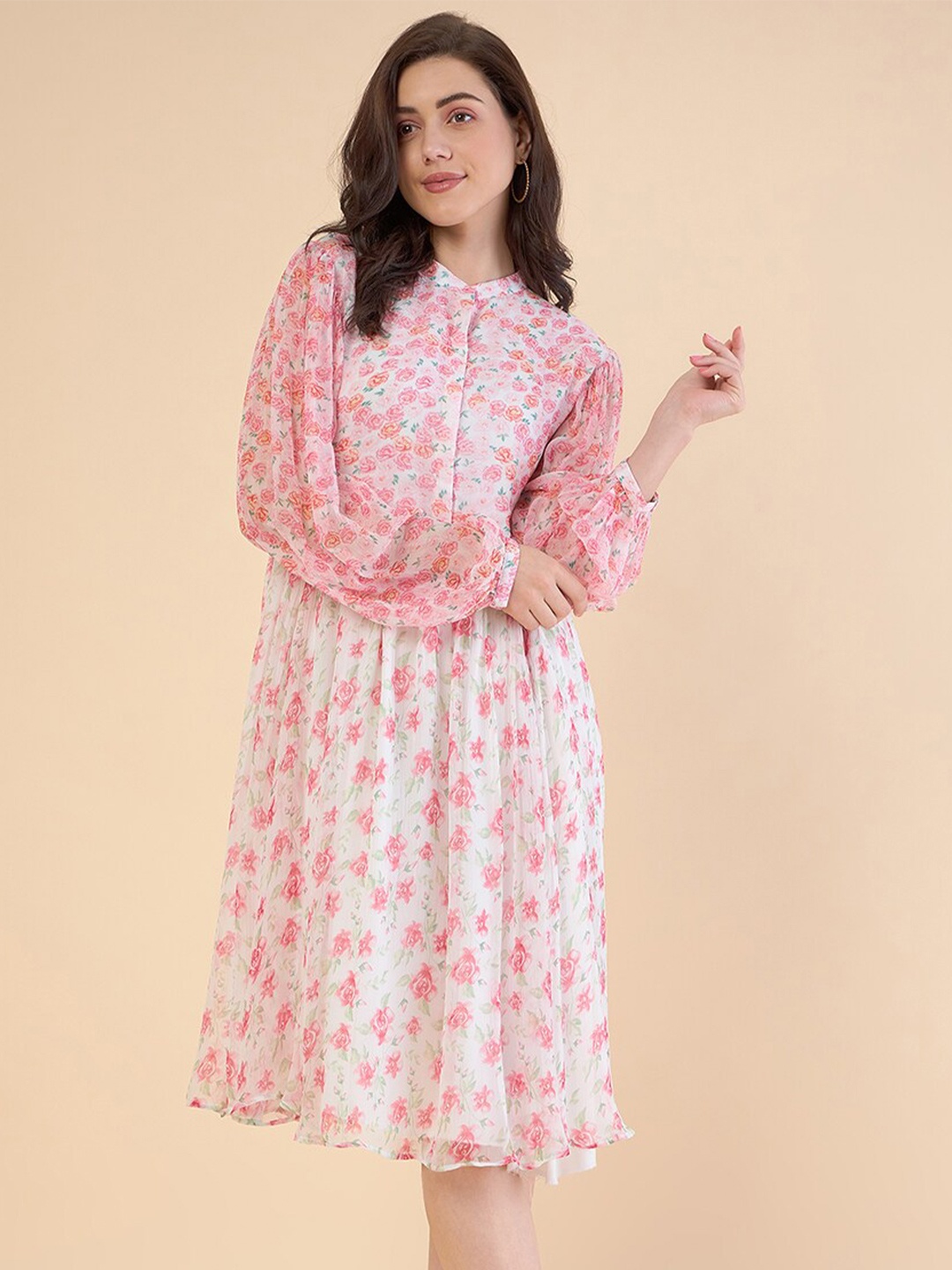 

ADORNIA Floral Print Puff Sleeves Chiffon Gathered Or Pleated A-Line Dress, Pink