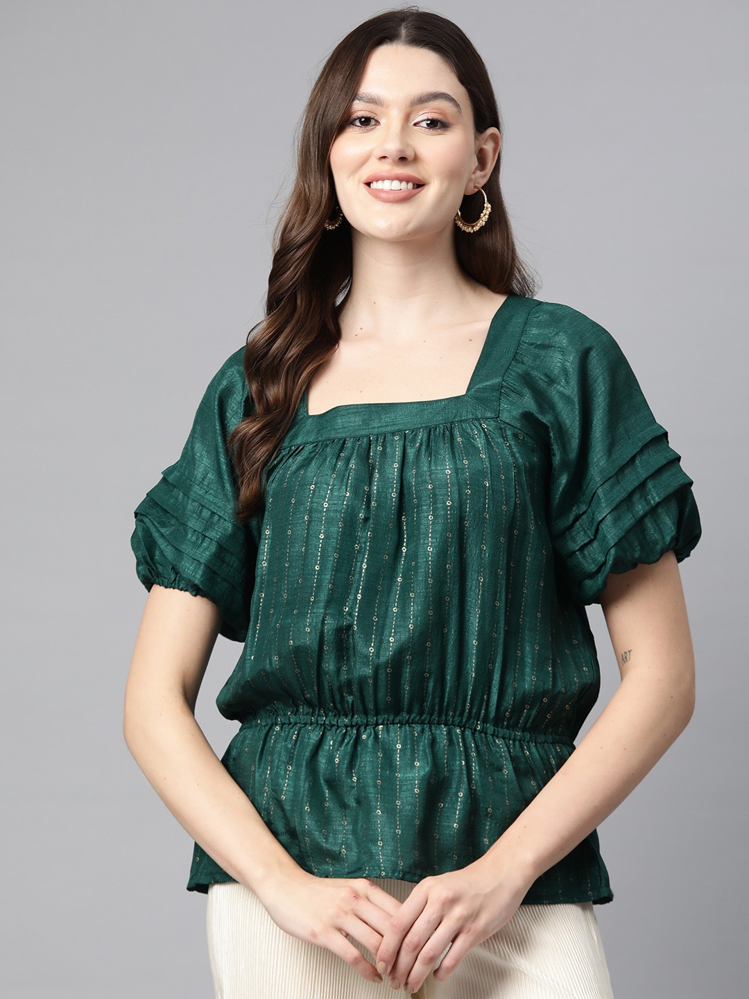 

Cottinfab Print Puff Sleeves Peplum Top, Green