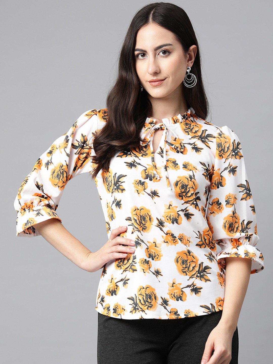 

Cottinfab Floral Print Tie-Up Neck Puff Sleeves Shirt Style Top, White