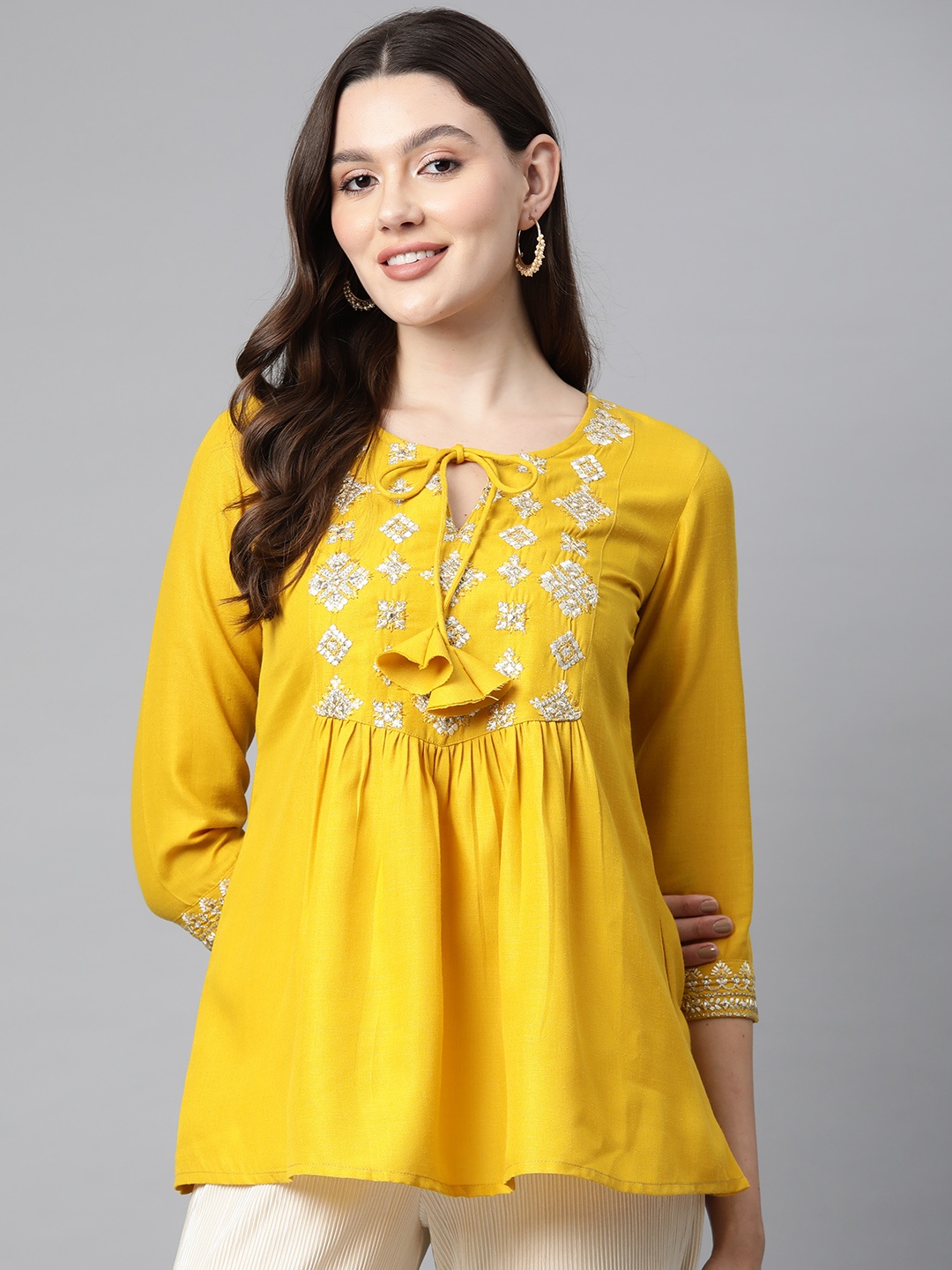 

Cottinfab Embroidered Tie-Up Neck Ethnic Tunic, Mustard