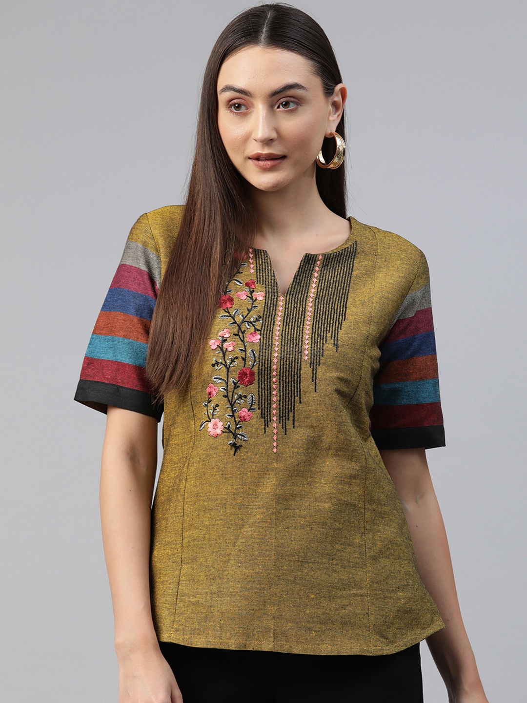 

Cottinfab Floral Embroidered Cotton Top, Olive