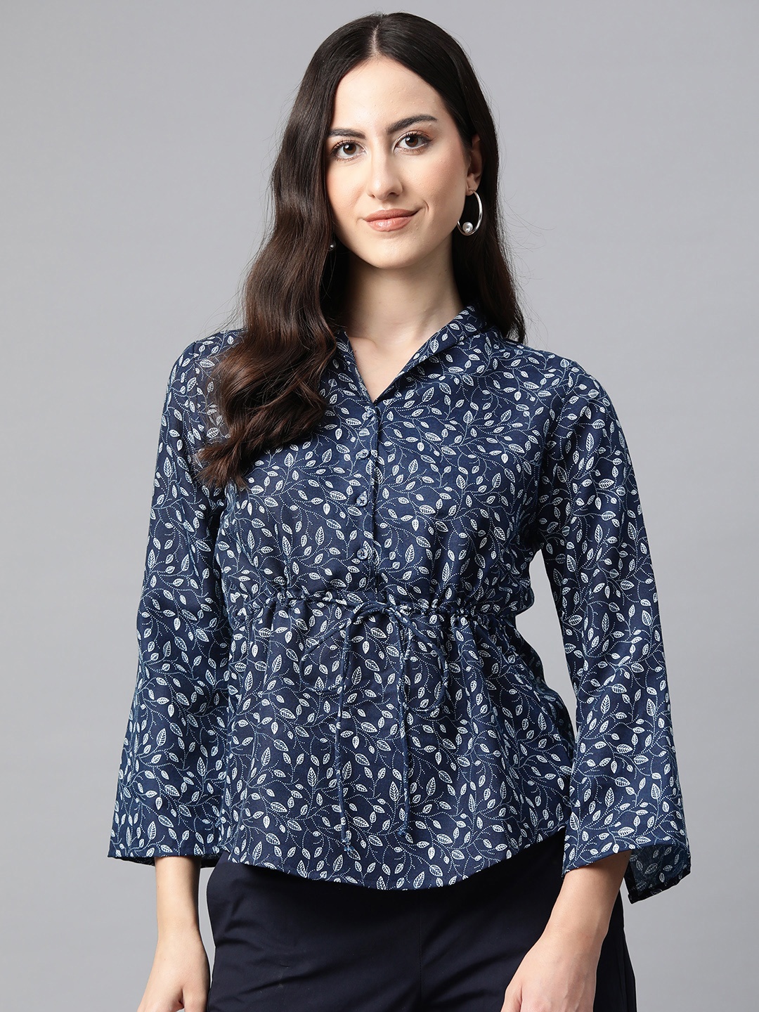 

Cottinfab Floral Print Flared Sleeves Cinched Waist Top, Navy blue
