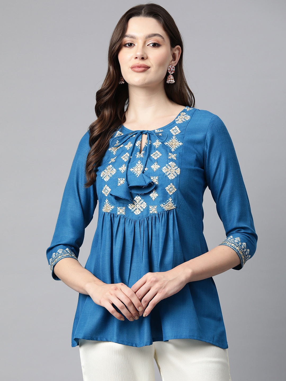 

Cottinfab Embroidered Tie-Up Neck Ethnic Tunic, Blue