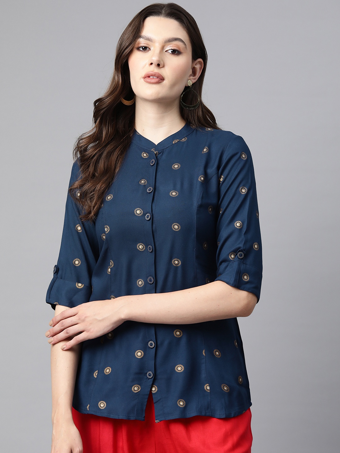 

Cottinfab Print Mandarin Collar Roll-Up Sleeves Ethnic Shirt Style Longline Top, Navy blue