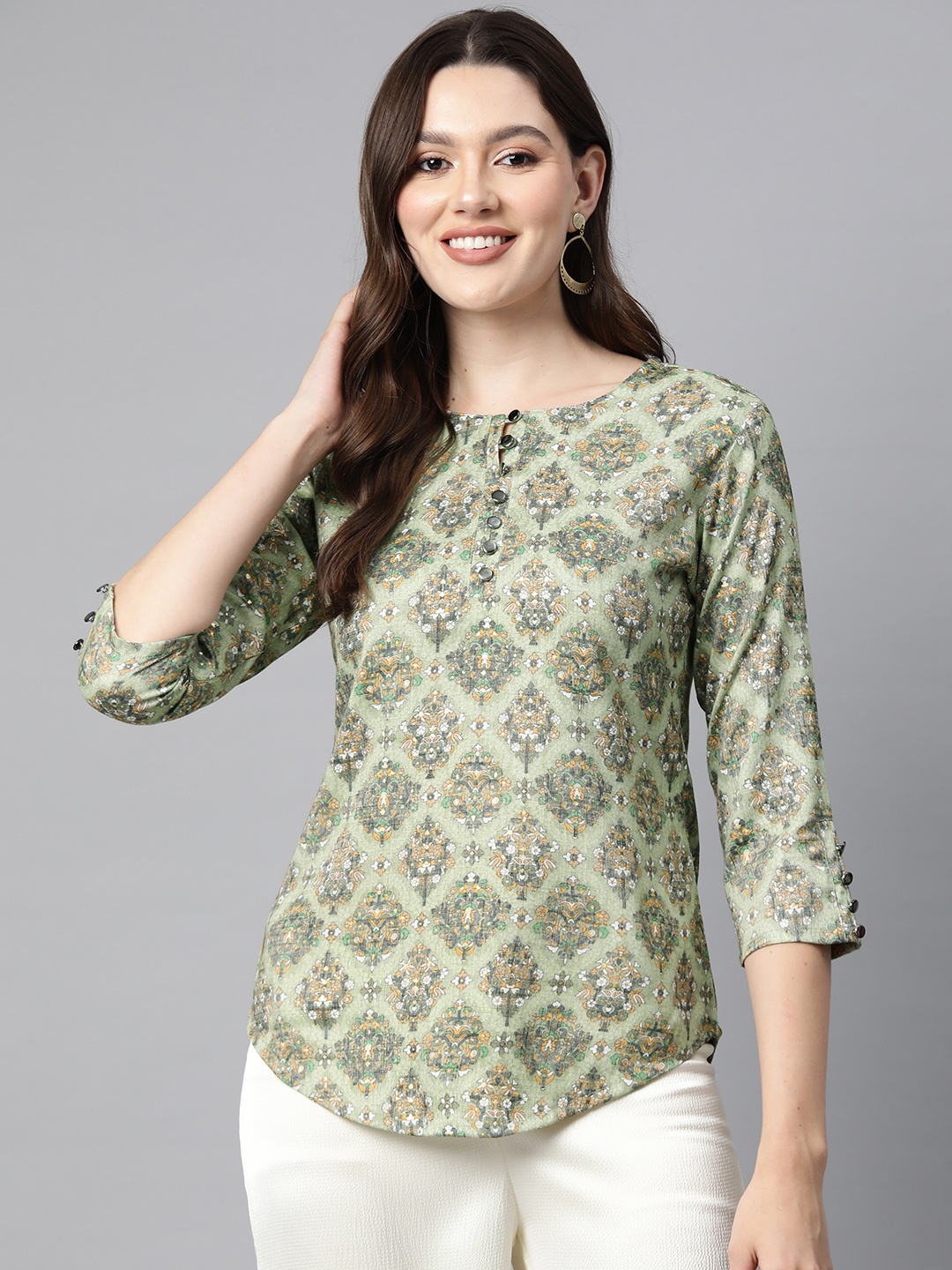 Cottinfab Ethnic Print Longline Top, Green