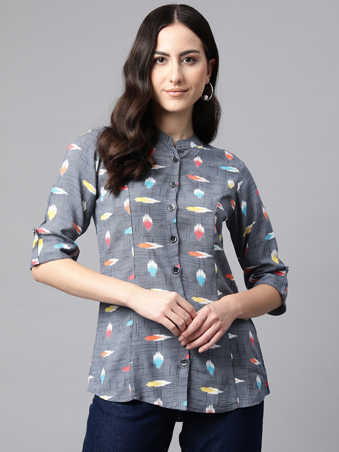 

Cottinfab Print Mandarin Collar Roll-Up Sleeves Longline Top, Grey
