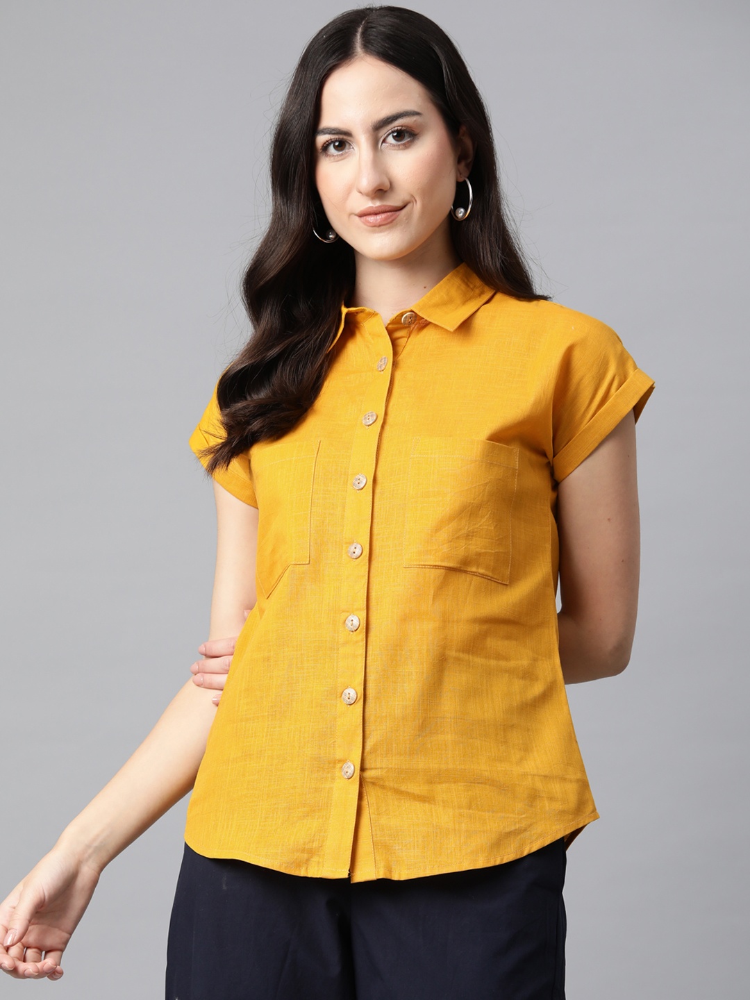 

Cottinfab Solid Cotton Shirt Style Top, Yellow