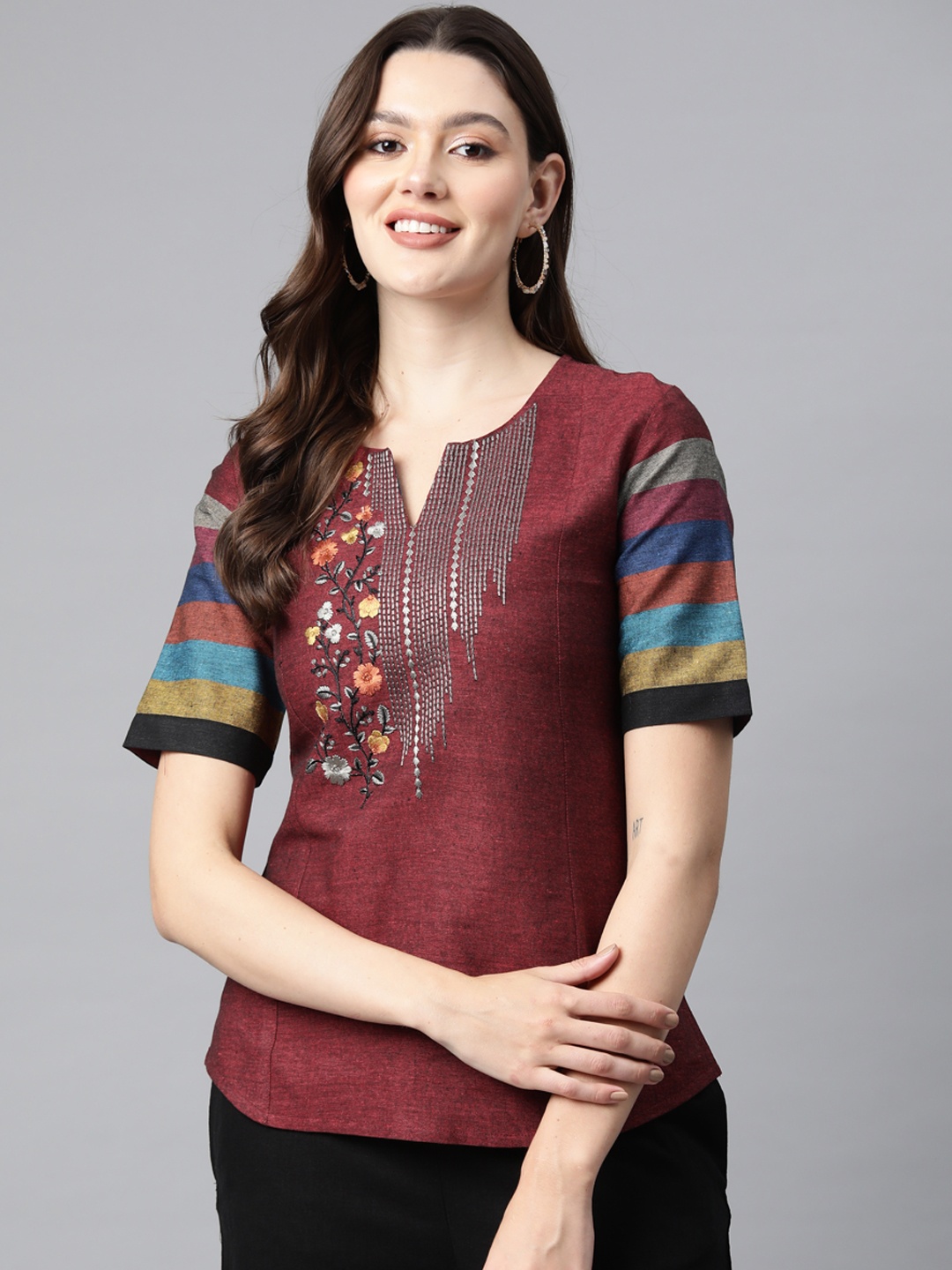 

Cottinfab Floral Embroidered Cotton Top, Maroon