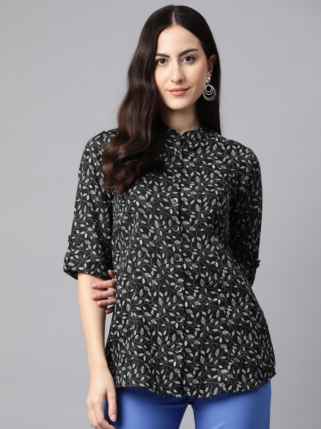 

Cottinfab Floral Print Mandarin Collar Cotton Top, Black