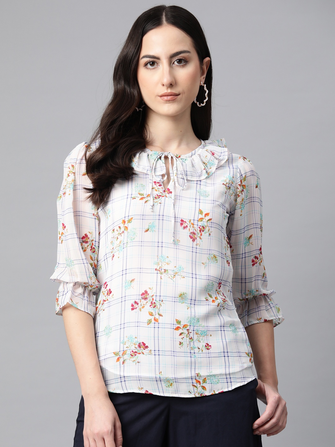 

Cottinfab Floral Print Tie-Up Neck Puff Sleeve Ruffles Georgette Top, White
