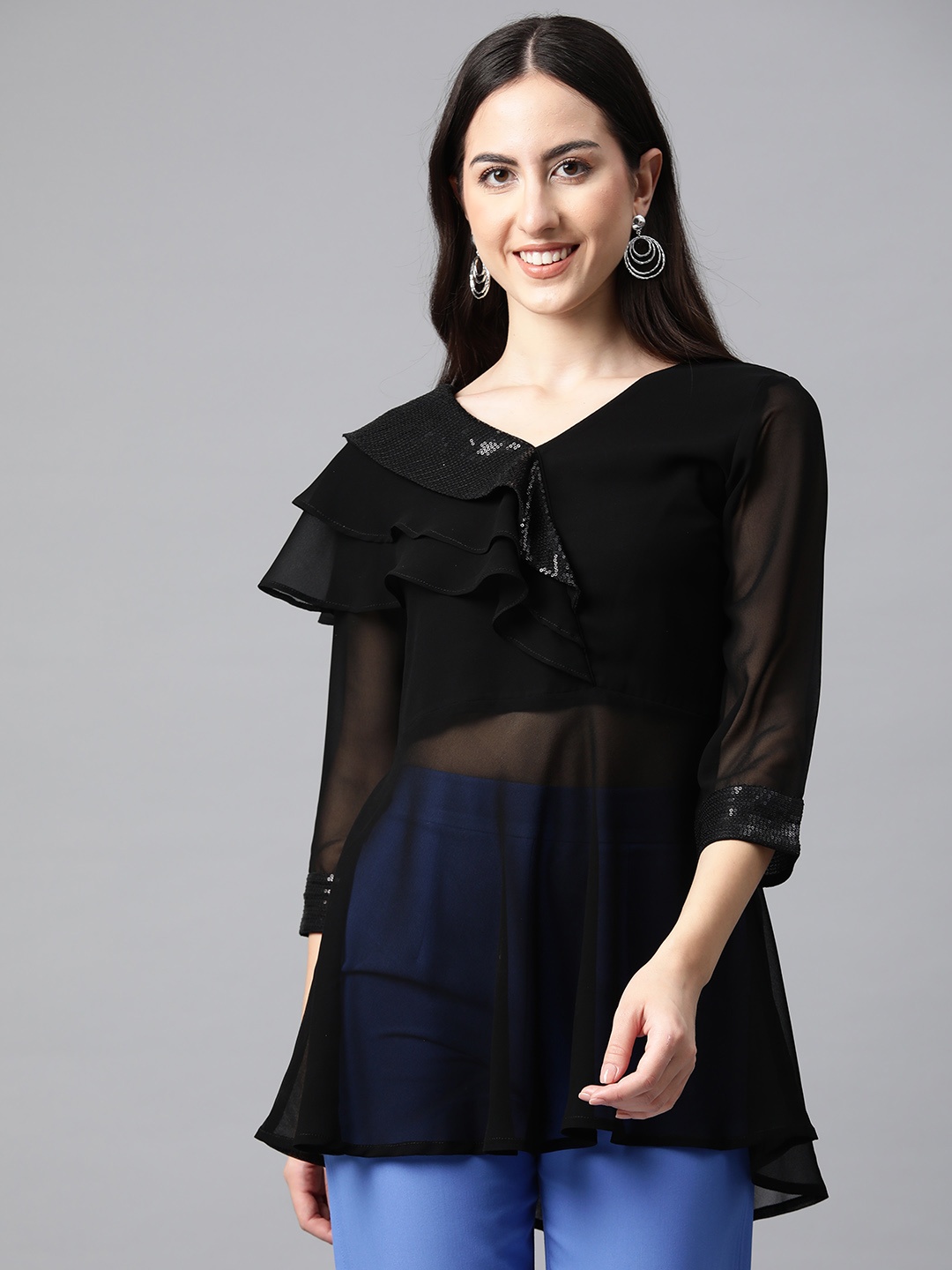 

Cottinfab Embellished Georgette Longline Top, Black