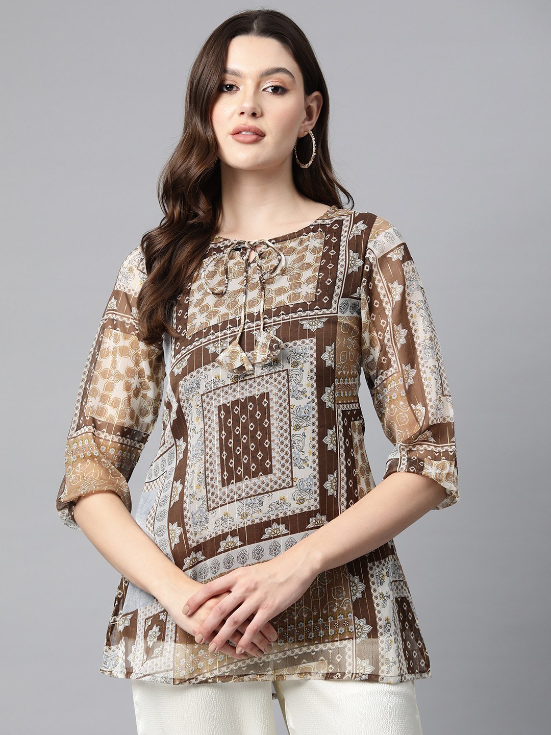 

Cottinfab Ethnic Motifs Print Tie-Up Neck Georgette Top, Brown