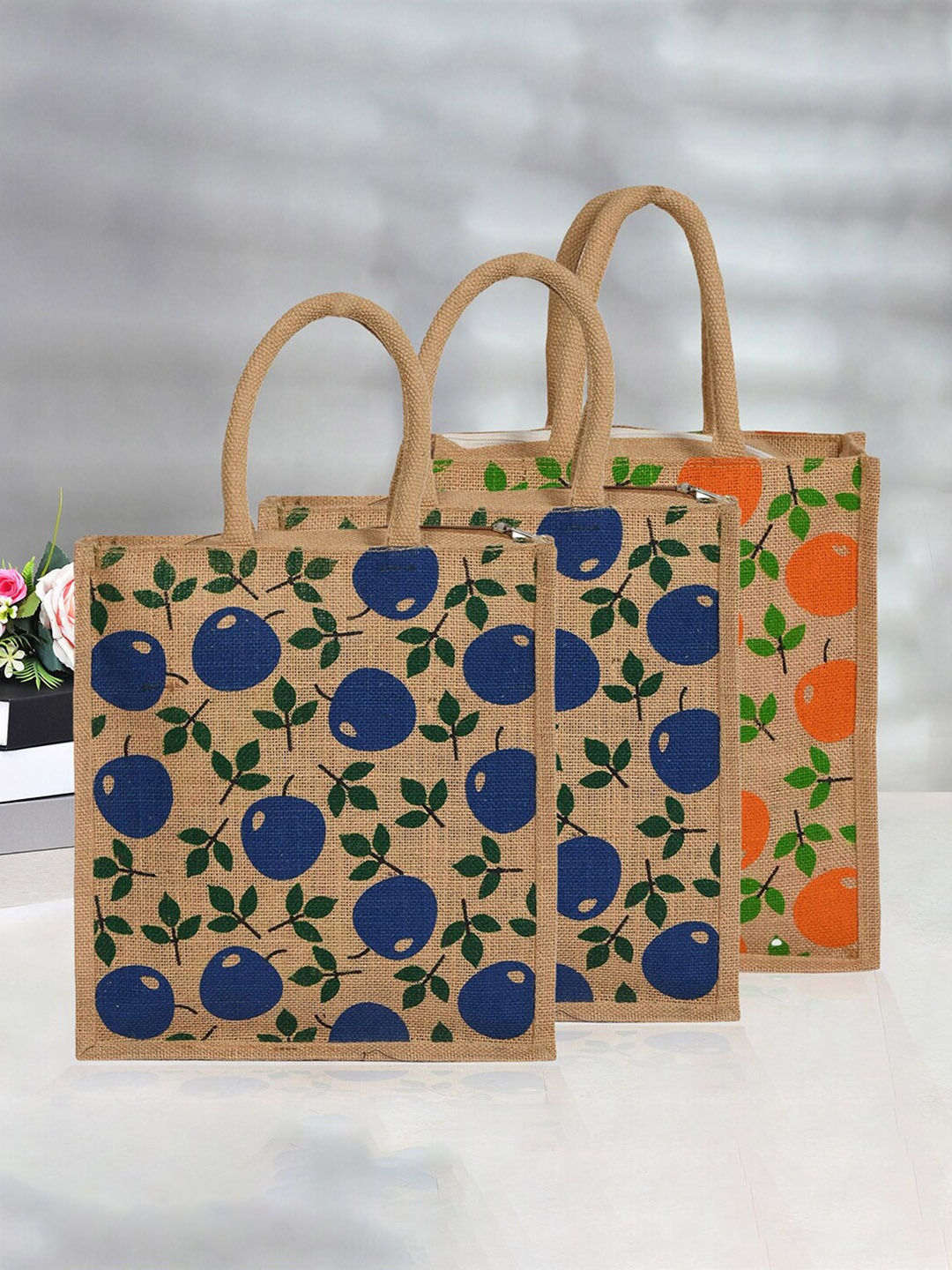 

Kuber Industries Set Of 3 Floral Printed Oversized Shopper Tote Bag, Blue