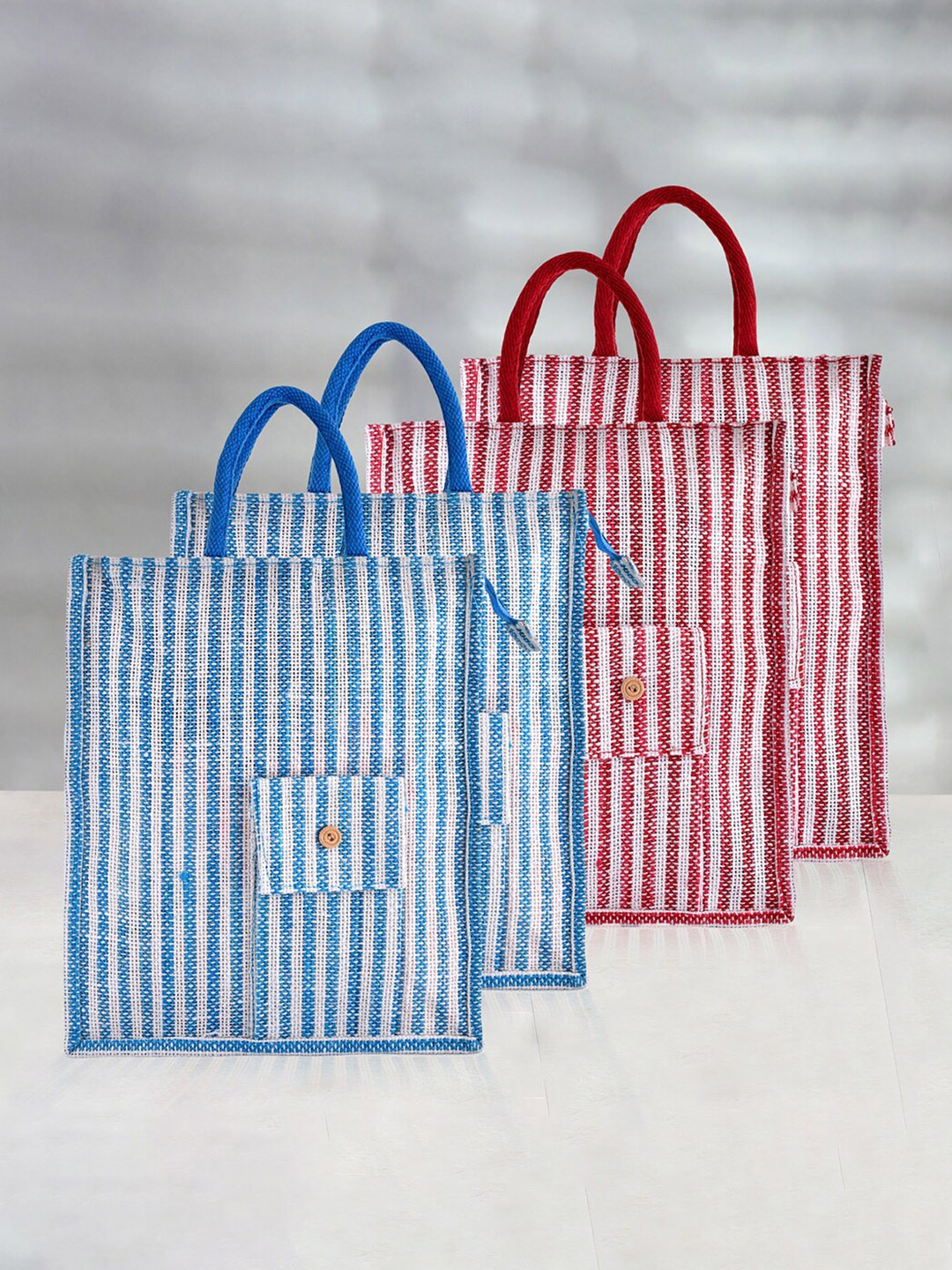 

Kuber Industries Set Of 4 Striped Shopper Jute Handheld Bag, Blue