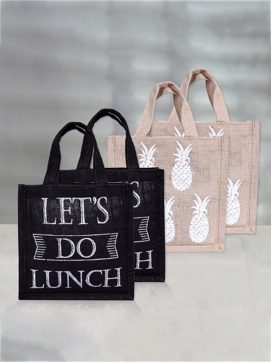 

Kuber Industries Set Of 4 Printed Jute Carry Lunch Bag, Black