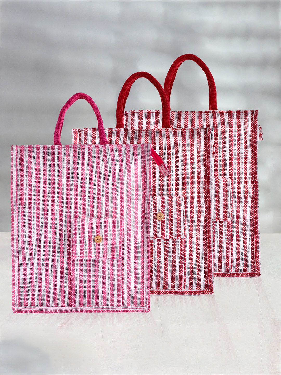 

Kuber Industries Set Of 3 Striped Jute Carry Lunch Bag, Pink