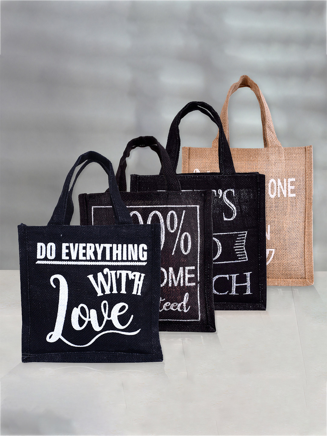 

Kuber Industries Set Of 4 Printed Jute Carry Lunch Bag, Black