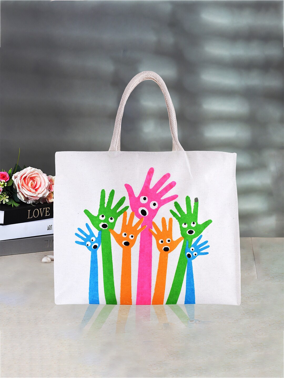 

Kuber Industries Hands Printed Canvas Shopping Bag, White