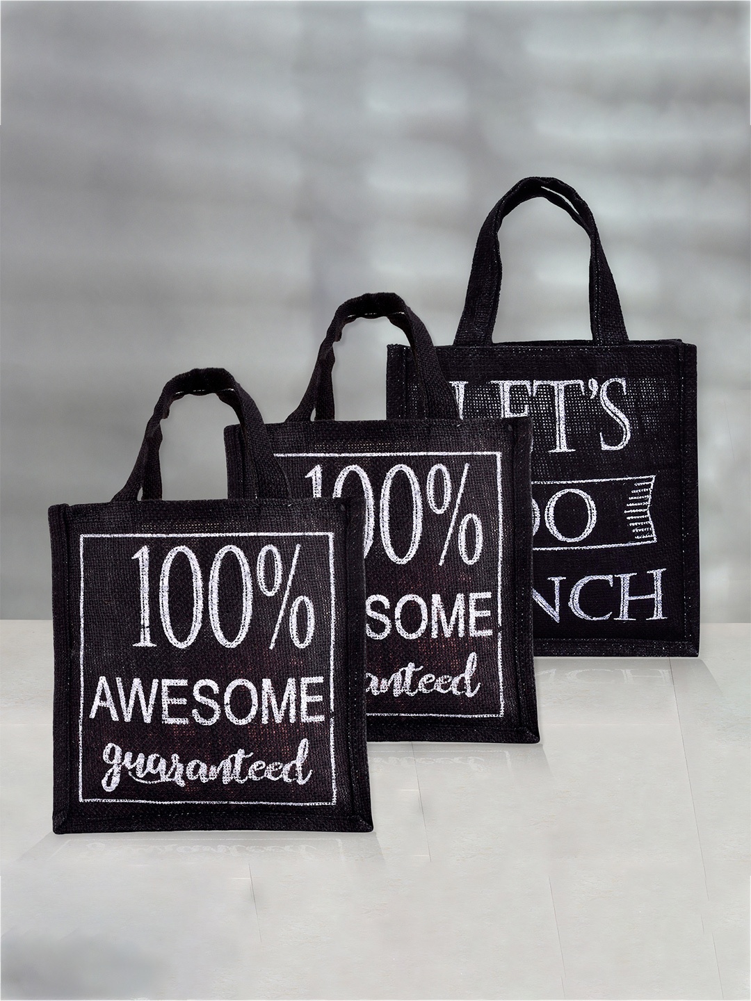 

Kuber Industries Set Of 3 Printed Jute Carry Lunch Bag, Black