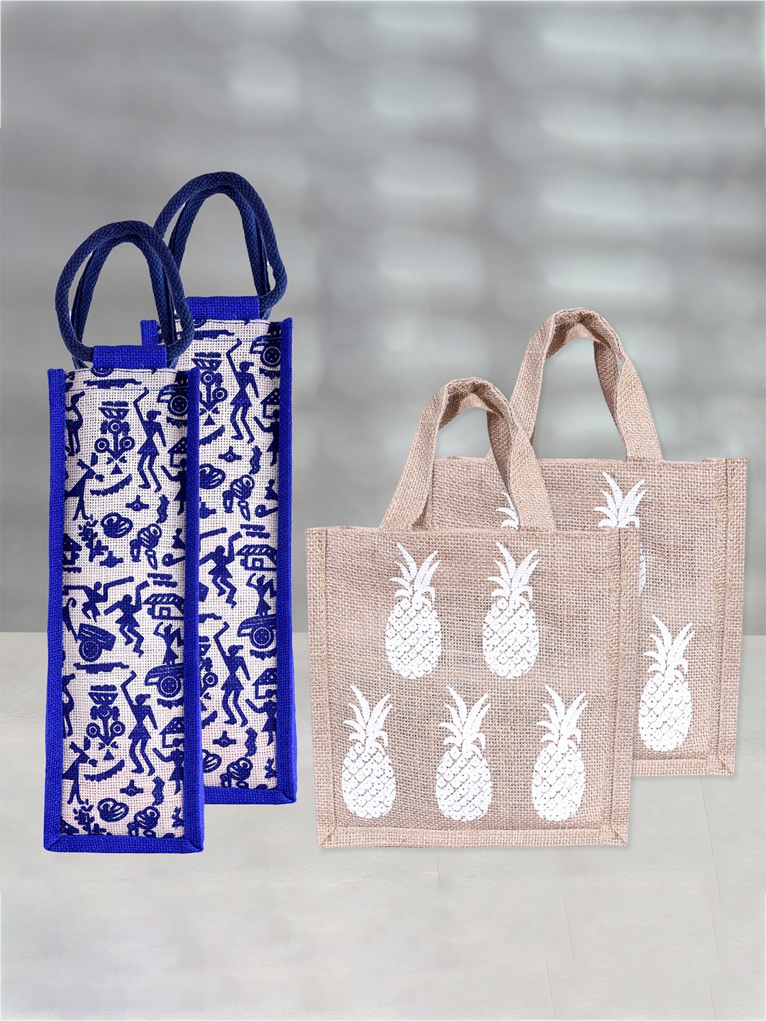 

Kuber Industries Set Of 4 Printed Jute Carry Lunch & Bottle Bag, Beige