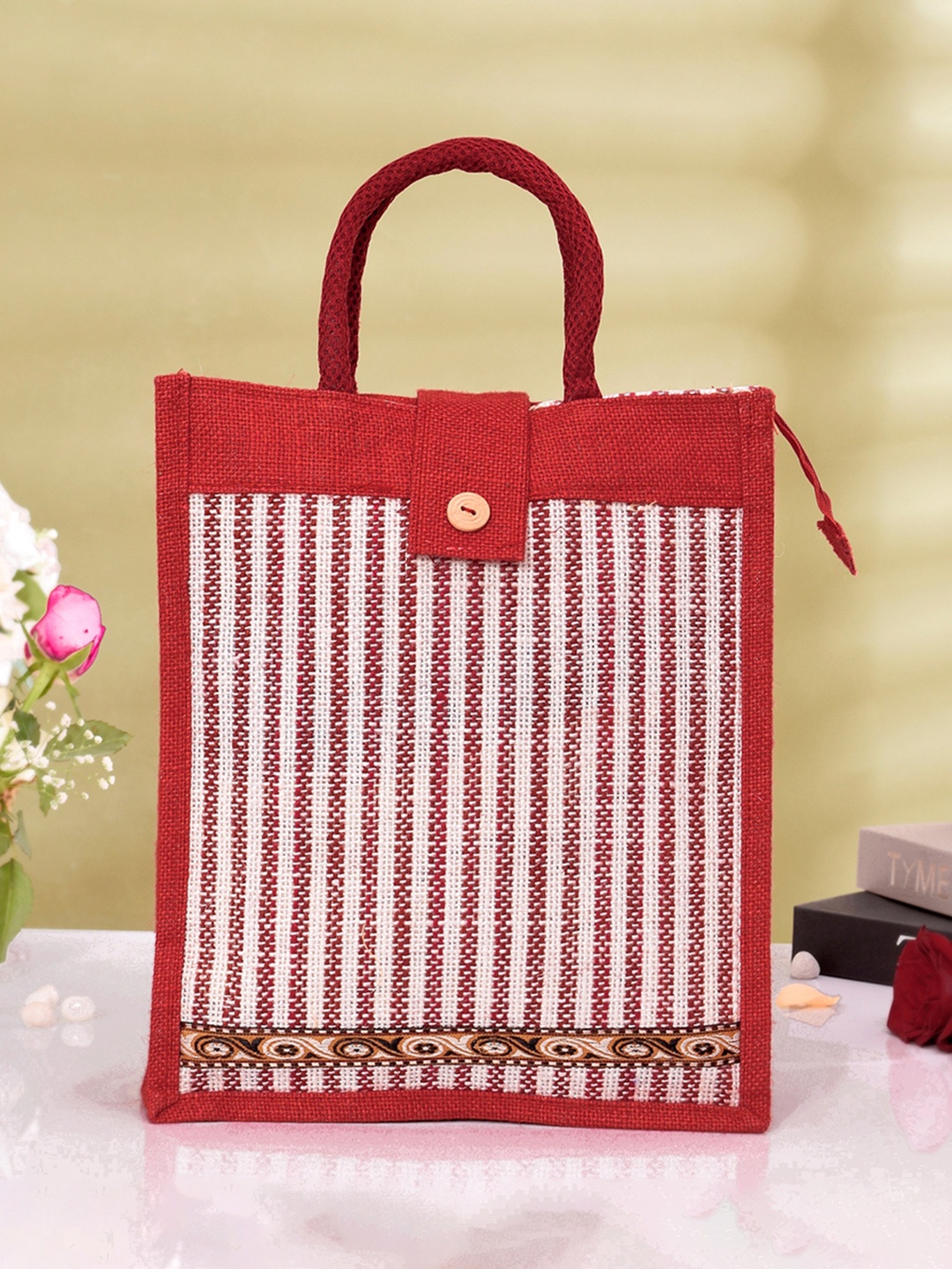 

Kuber Industries Pack Of 2 Striped Jute Top Flap-Lining Carry Shopping Bag, Red