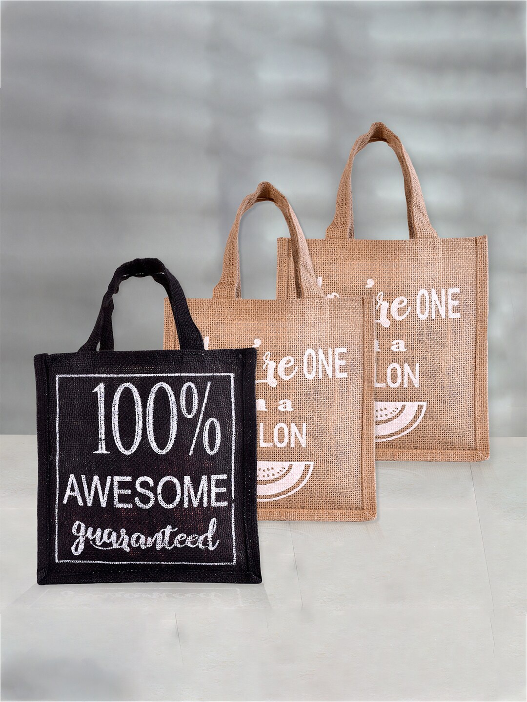 

Kuber Industries Set of 3 Printed Jute Eco Friendly Lunch bags, Black