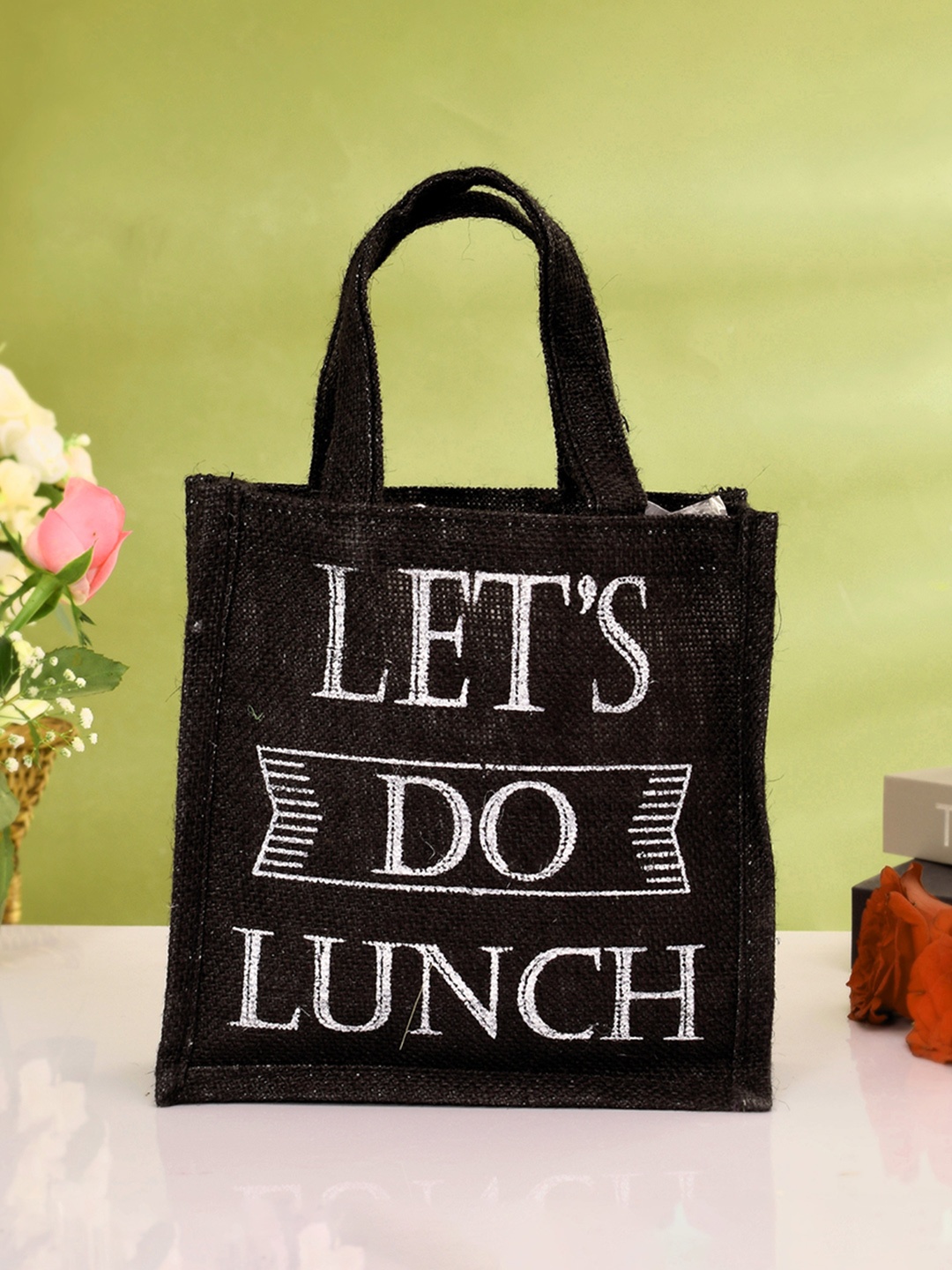 

Kuber Industries Pack Of 4 Printed Jute Lunch Bag With Handle, Black