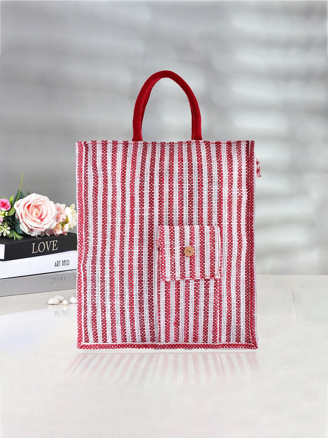

Kuber Industries Striped Oversized Jute Shopper Tote Bag, Red