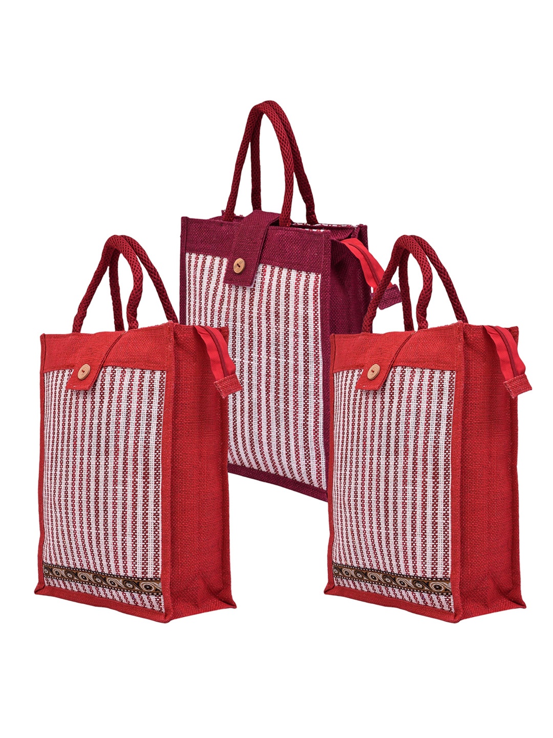 

Kuber Industries Pack Of 3 Striped Jute Carry Shopping Bag, Red