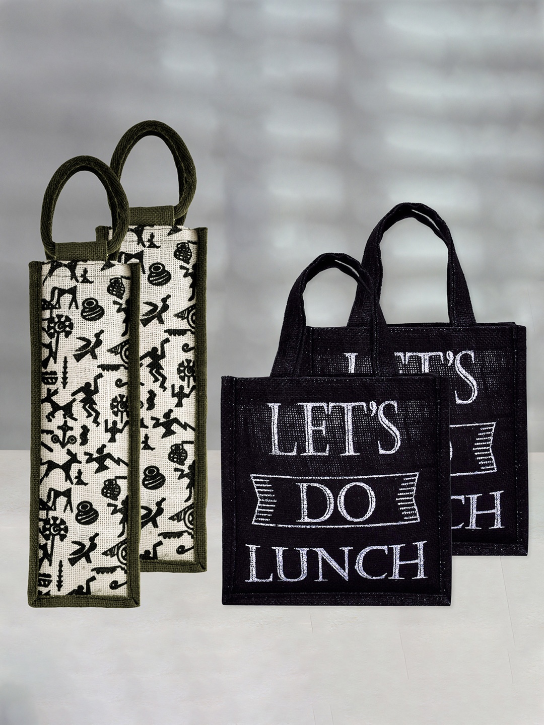 

Kuber Industries Pack Of 4 Jute Carry Lunch Bag & Bottle Bag, Black