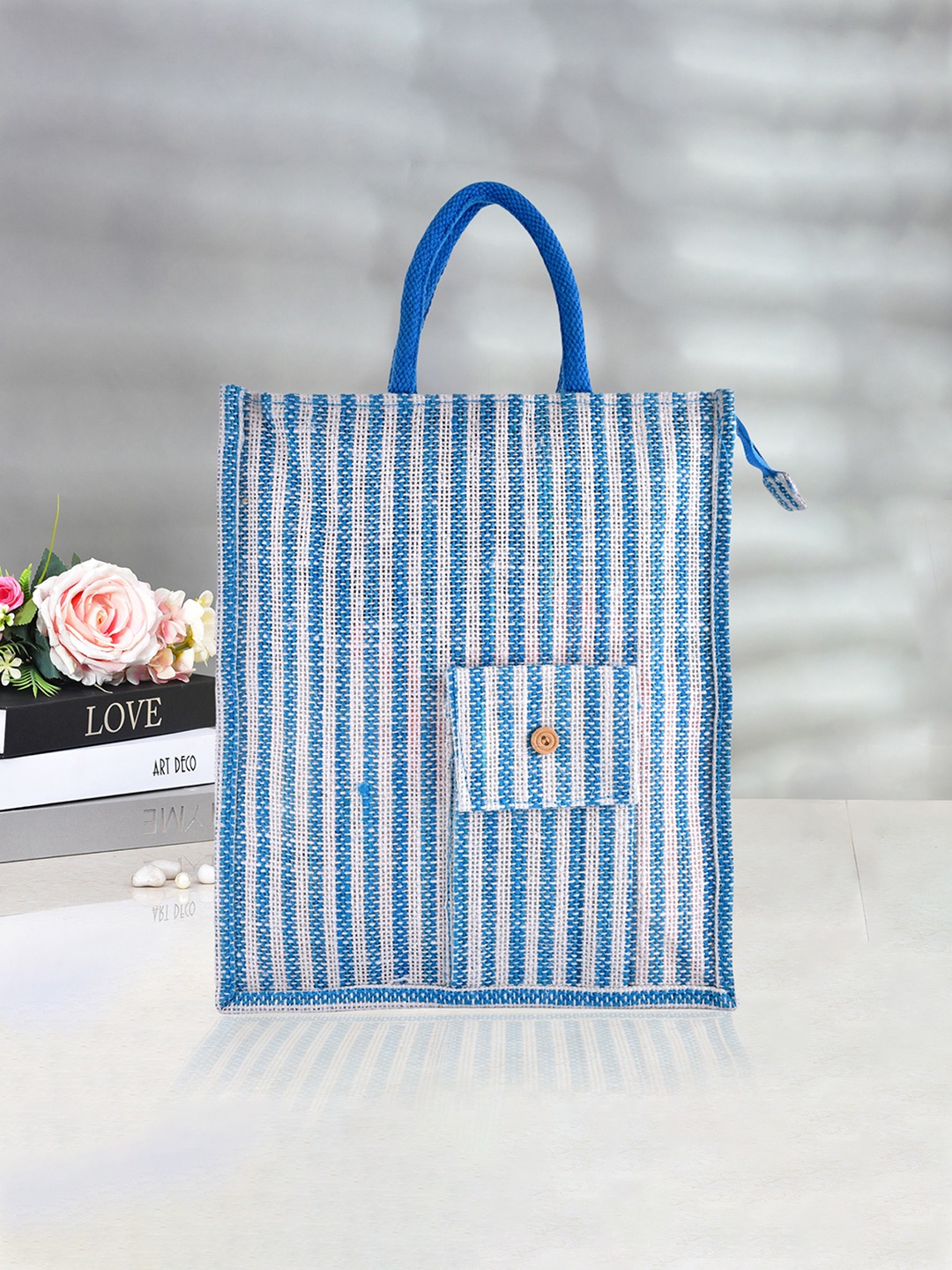 

Kuber Industries Striped Jute Shopping Bag, Blue