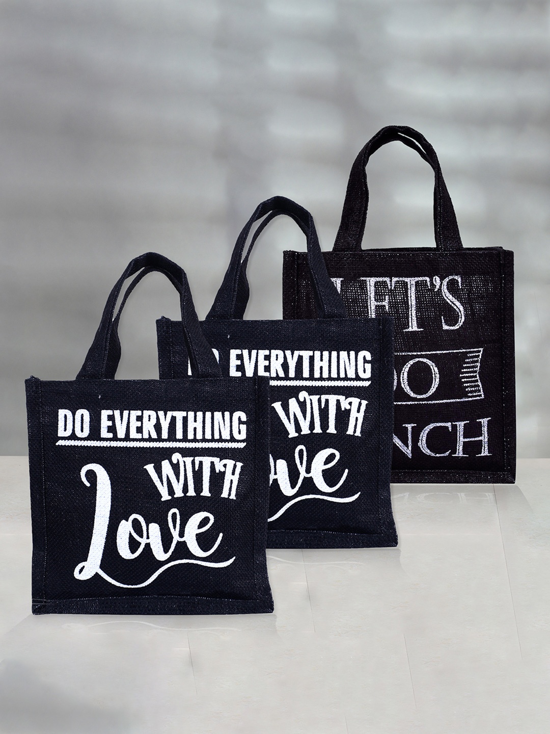 

Kuber Industries 3 Pcs Printed Jute Handheld Bag, Black