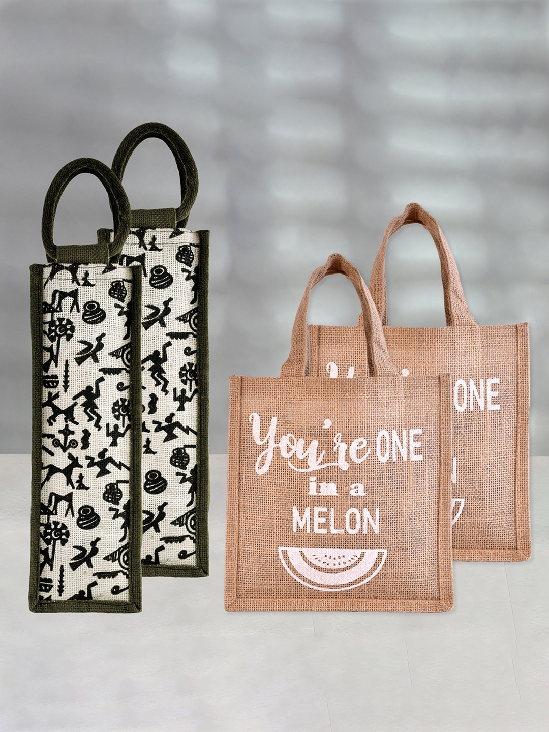 

Kuber Industries Set of 4 Other Prints Lunch bags & Bottle Bag Travel Accessory, Green