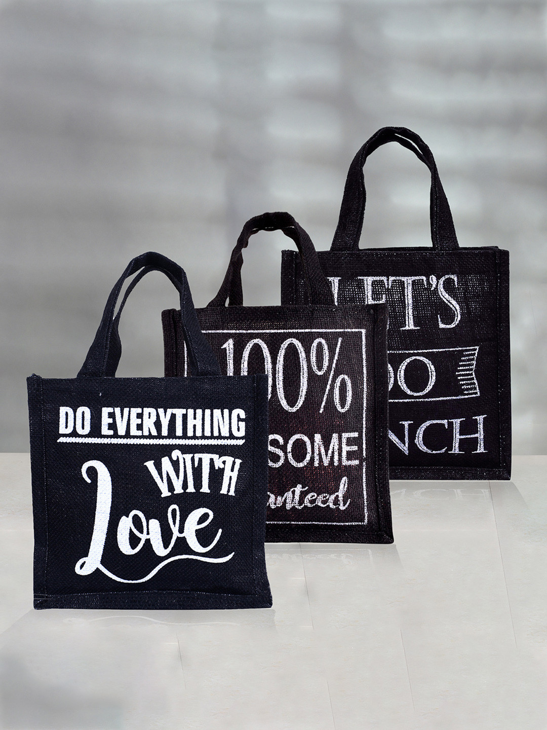 

Kuber Industries 3 Pcs Printed Jute Handheld Bag, Black