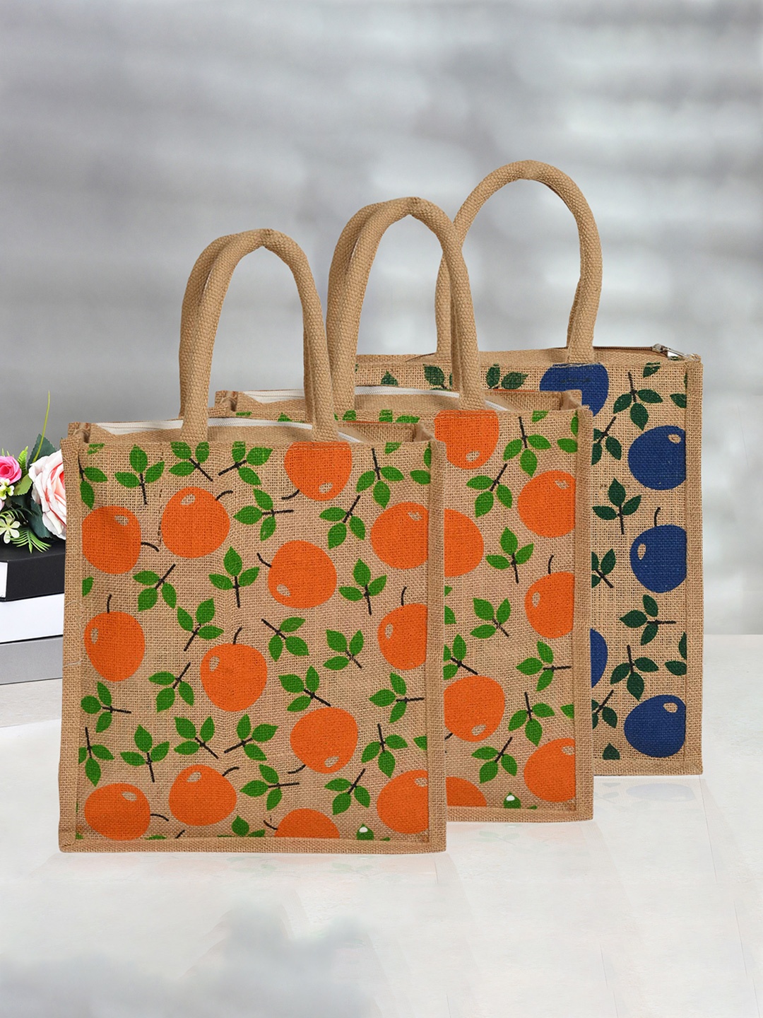 

Kuber Industries Set of 3 Floral Printed Grocery Bag, Brown