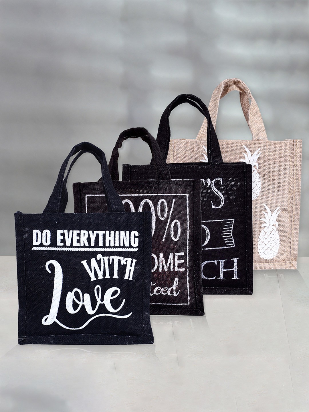 

Kuber Industries Set of 4 Printed Eco Friendly Jute Lunch bags, Black