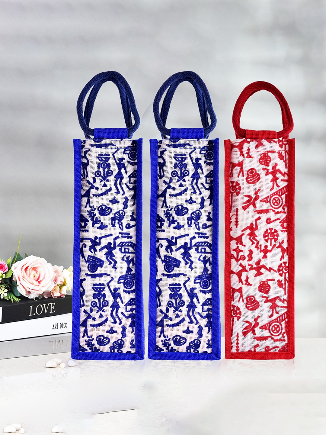 

Kuber Industries Set of 3 Warli Printed Eco Friendly Jute Water Bottle Bags, White