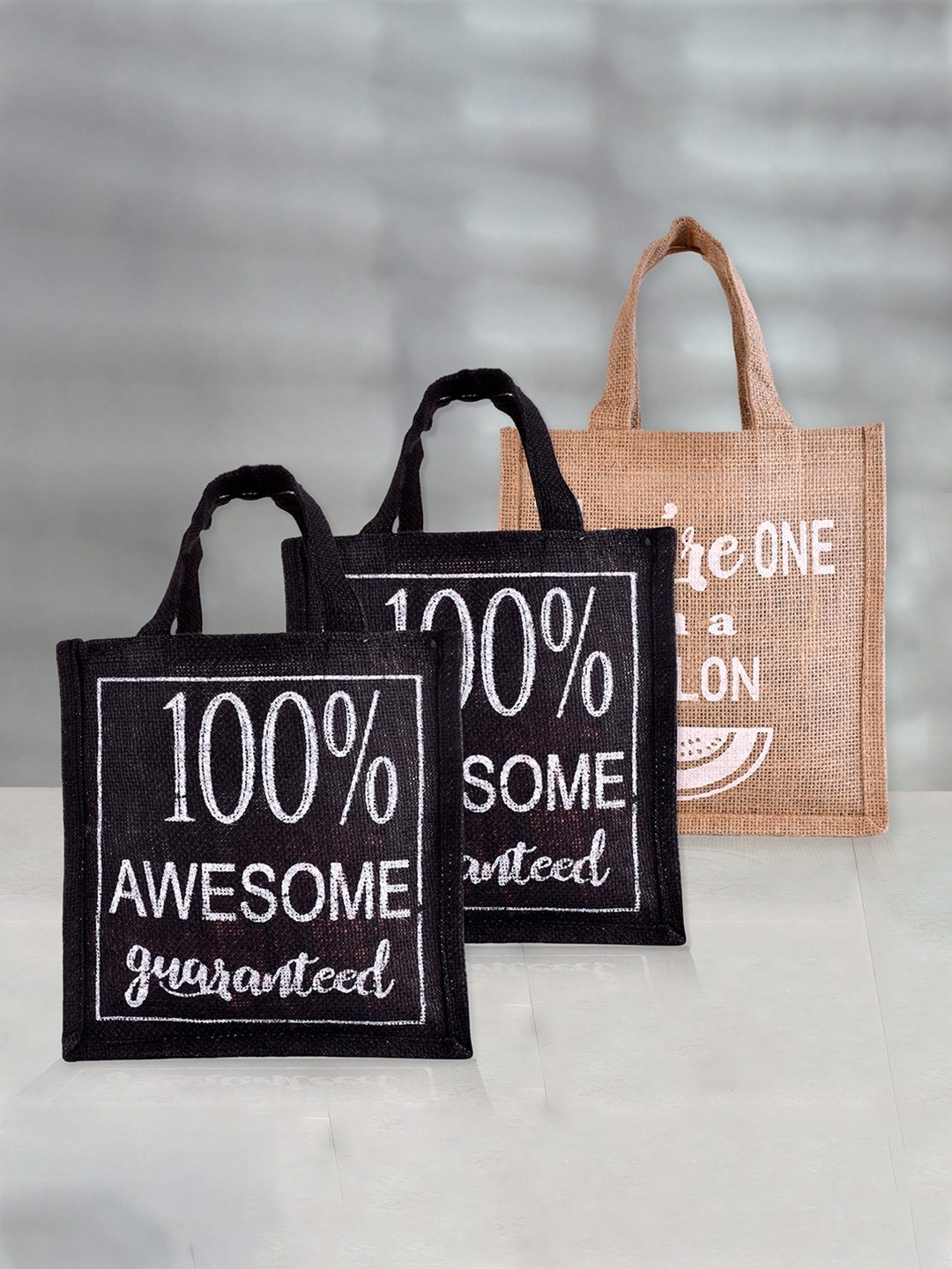 

Kuber Industries Set of 3 Printed Eco Friendly Jute Lunch bags, Black