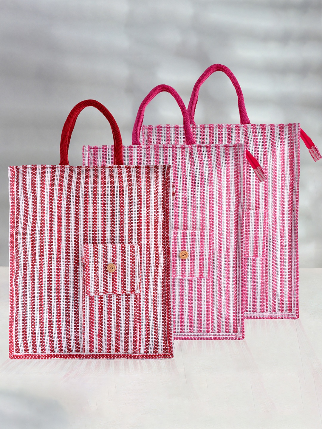 

Kuber Industries Set of 3 Striped Eco Friendly Jute Lunch bags, Red