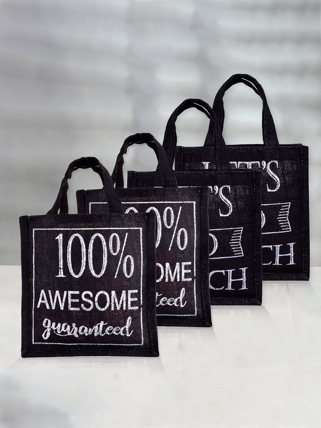 

Kuber Industries Set of 4 Printed Eco Friendly Jute Lunch bags, Black